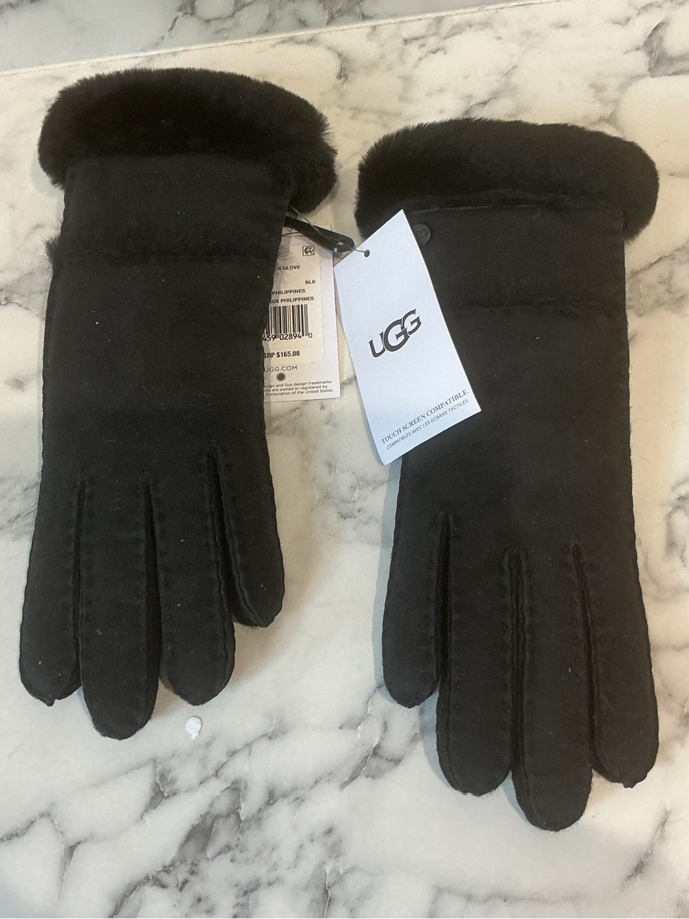 UGG Black Suede Shearling-Trim Women's Tech Gloves